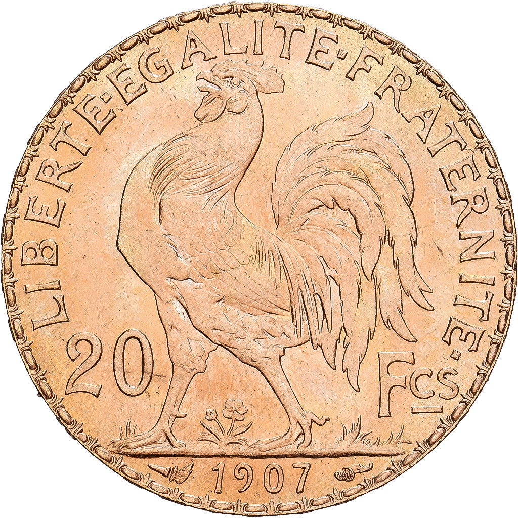 France, 20 Francs, Marianne, 1907, Gold, AU(55-58), KM:857