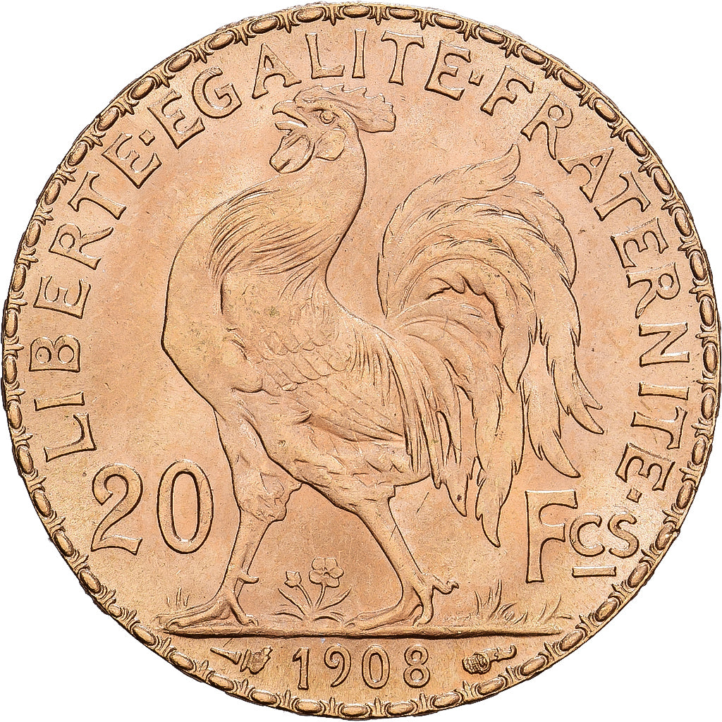 France, 20 Francs, Marianne, 1908, Gold, AU(55-58), KM:857