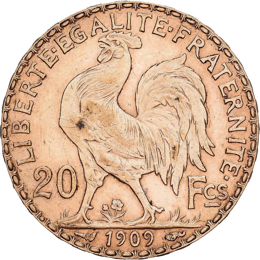 France, 20 Francs, Marianne, 1909, Gold, AU(50-53), KM:857