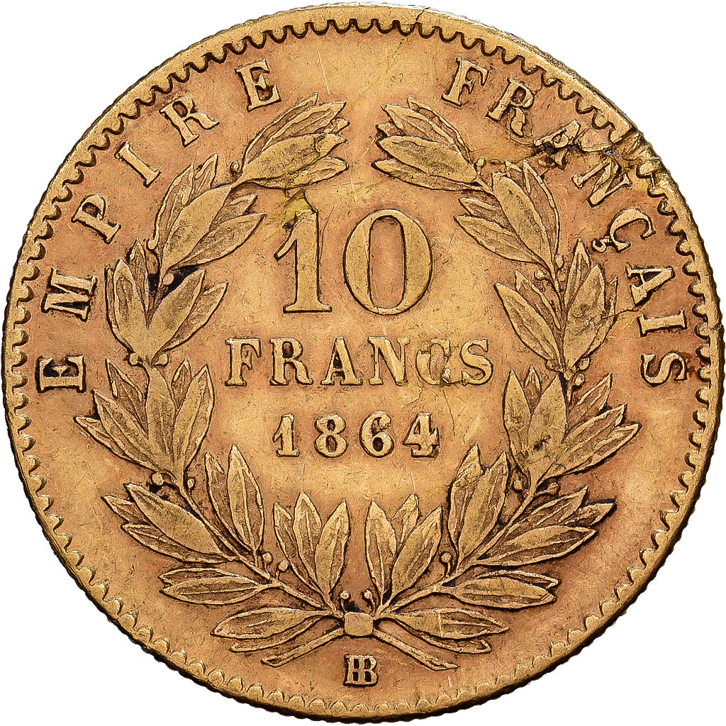 France, Napoléon III, 10 Francs, Napoléon III, 1864, Strasbourg, Or, TB+