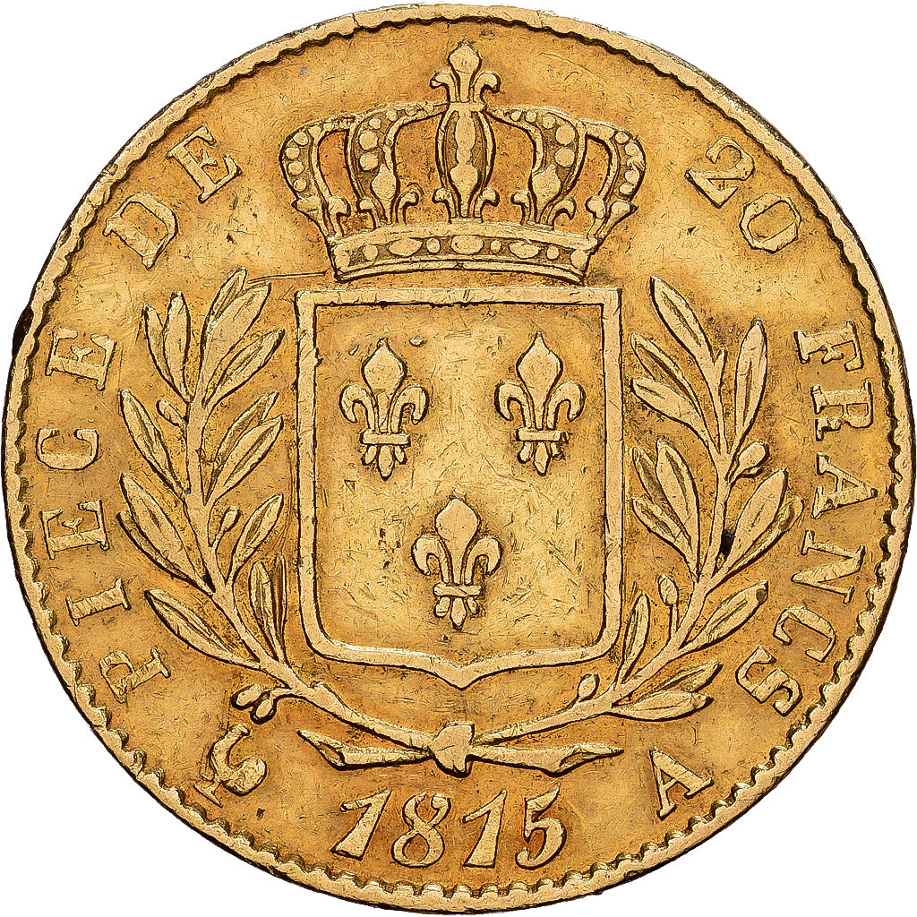 França, Louis XVIII, 20 Francs, Louis XVIII, 1815, Paris, Dourado, VF(30-35)