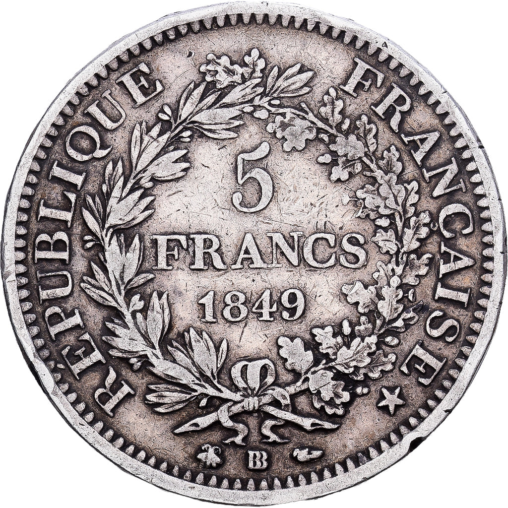 France, 5 Francs, Hercule, 1849, Strasbourg, Silver, VF(20-25), KM:756.2