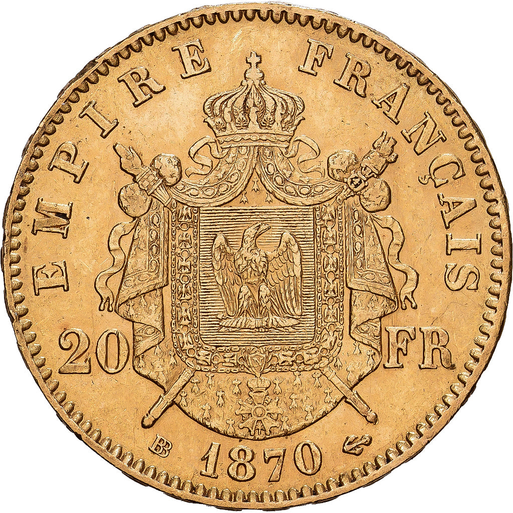 França, Napoleon III, 20 Francs, Napoléon III, 1870, Strasbourg, Dourado