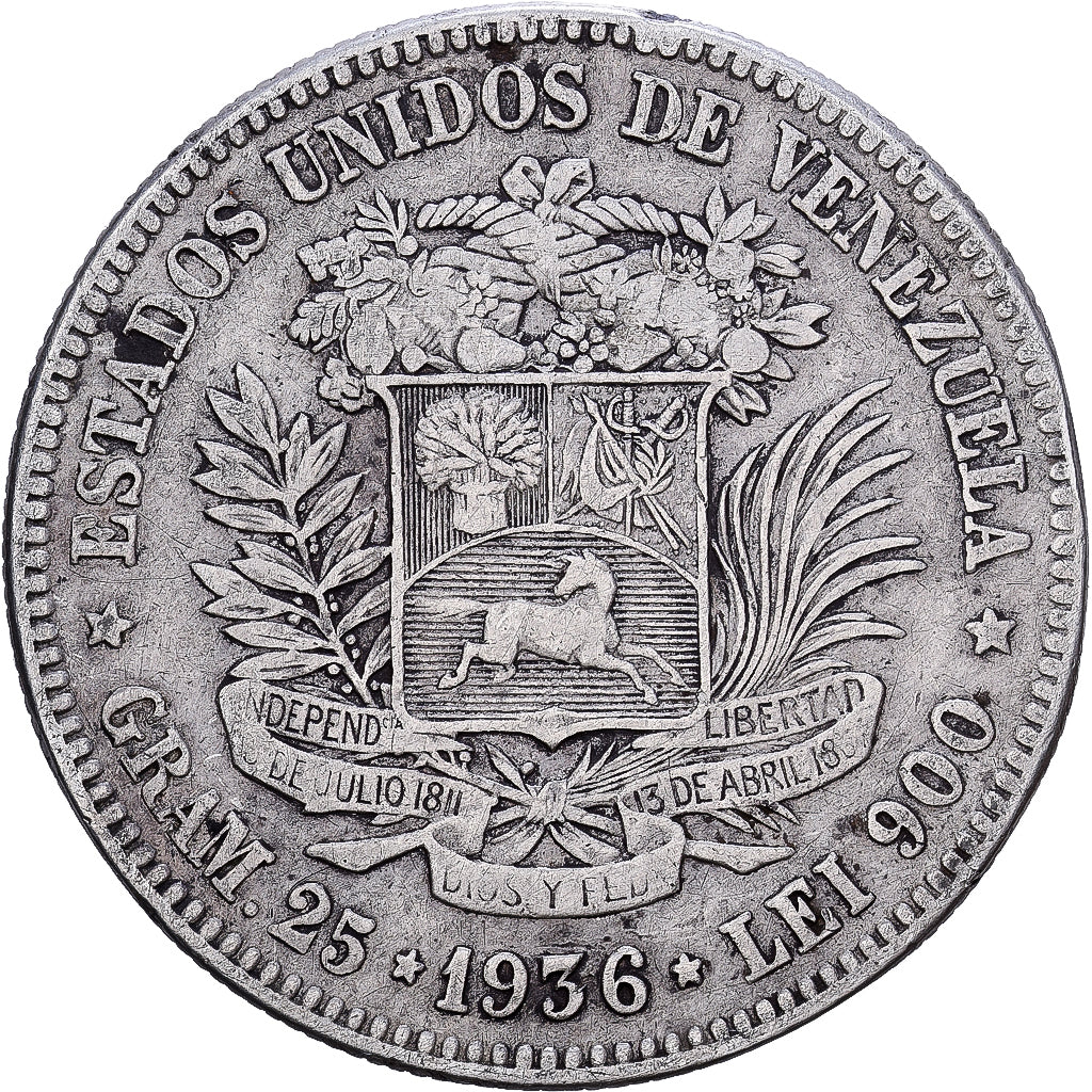 Venezuela, Gram 25, 5 Bolivares, 1936, Argent, TB+, KM:24.2