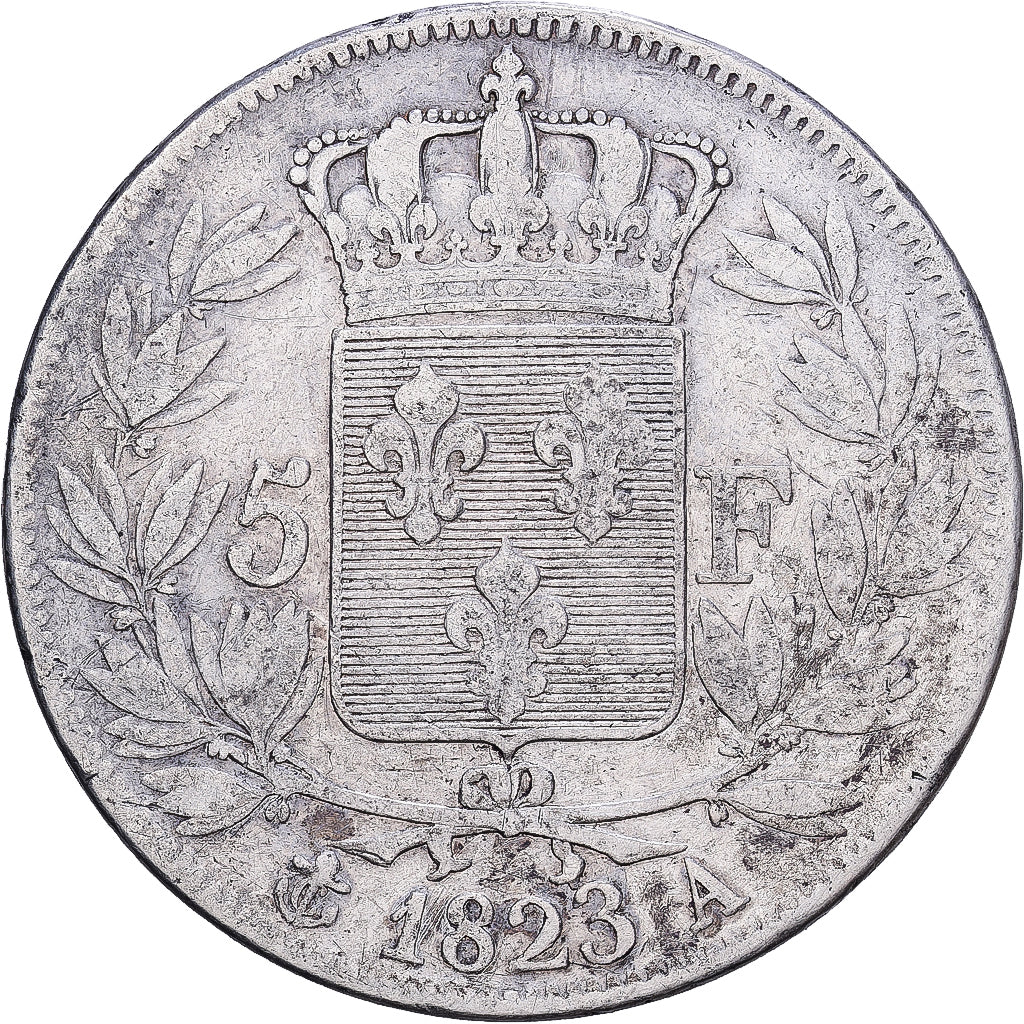 Francja, Louis XVIII, 5 Francs, Louis XVIII, 1823, Paris, Srebro, VF(30-35)