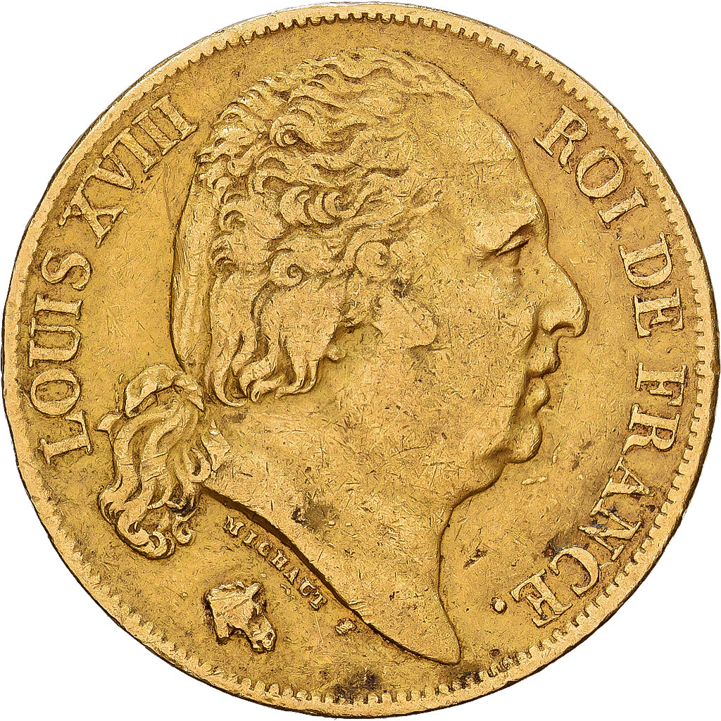 Francia, Louis XVIII, 20 Francs, Louis XVIII, 1824, Paris, Oro, BC+, KM:712.1