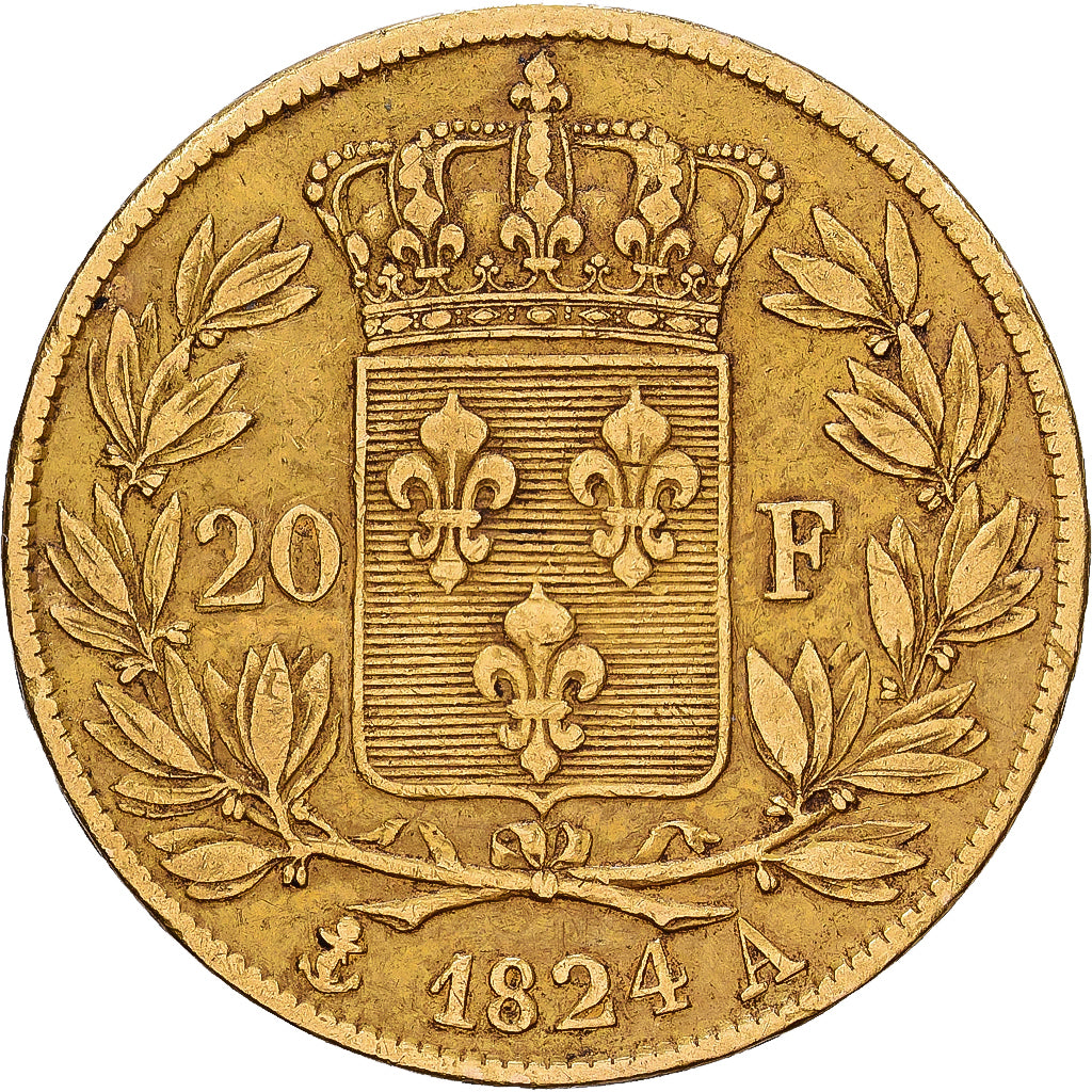 Francia, Louis XVIII, 20 Francs, Louis XVIII, 1824, Paris, Oro, BC+, KM:712.1