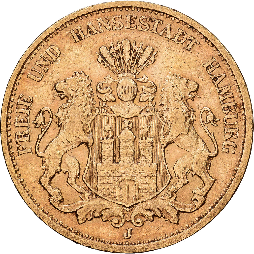 German States, HAMBURG, 20 Mark, 1876, Hamburg, Gold, EF(40-45), KM:602