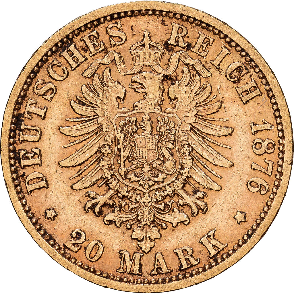 German States, HAMBURG, 20 Mark, 1876, Hamburg, Gold, EF(40-45), KM:602