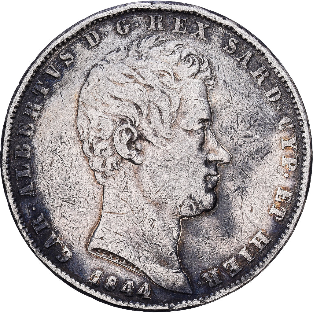 ESTADOS ITALIANOS, SARDINIA, Carlo Alberto, 5 Lire, 1844, Genoa, Prata