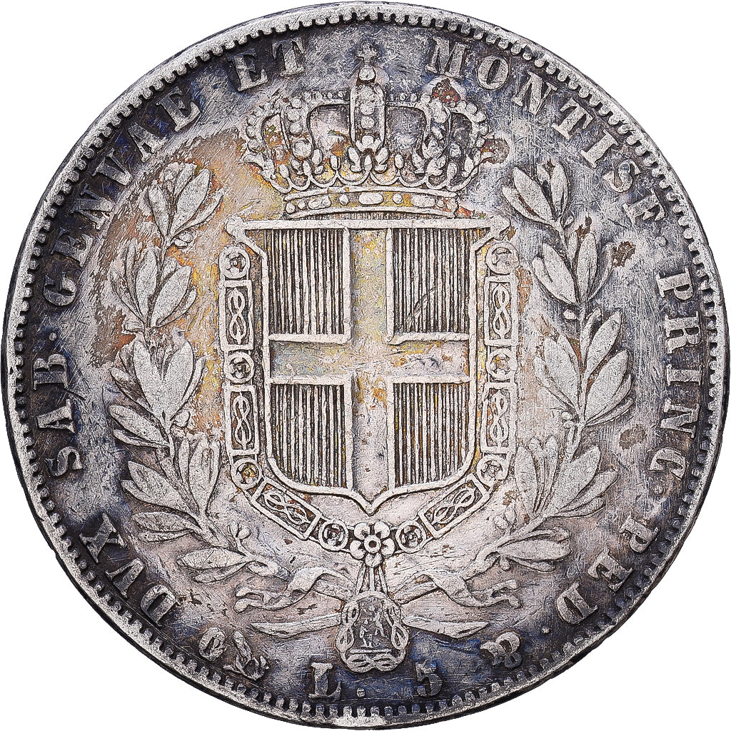 ESTADOS ITALIANOS, SARDINIA, Carlo Alberto, 5 Lire, 1844, Genoa, Prata