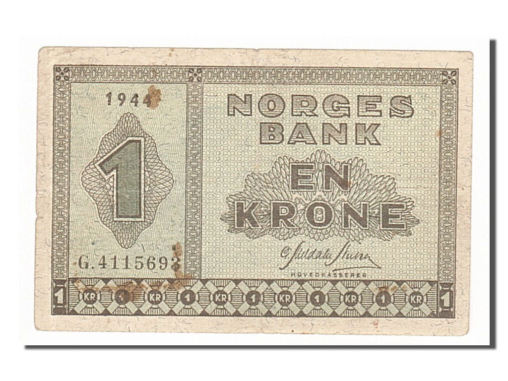 Banknot, Norwegia, 1 Krone, 1944, EF(40-45)