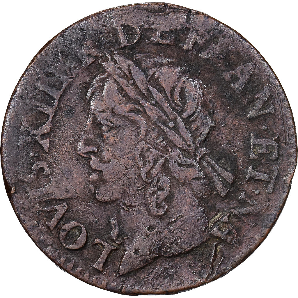Frankrijk, Louis XIII, Double Tournois, 1642, Feurs, Koper, ZF, Gadoury:12