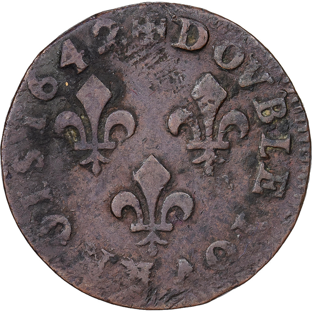 Frankrijk, Louis XIII, Double Tournois, 1642, Feurs, Koper, ZF, Gadoury:12