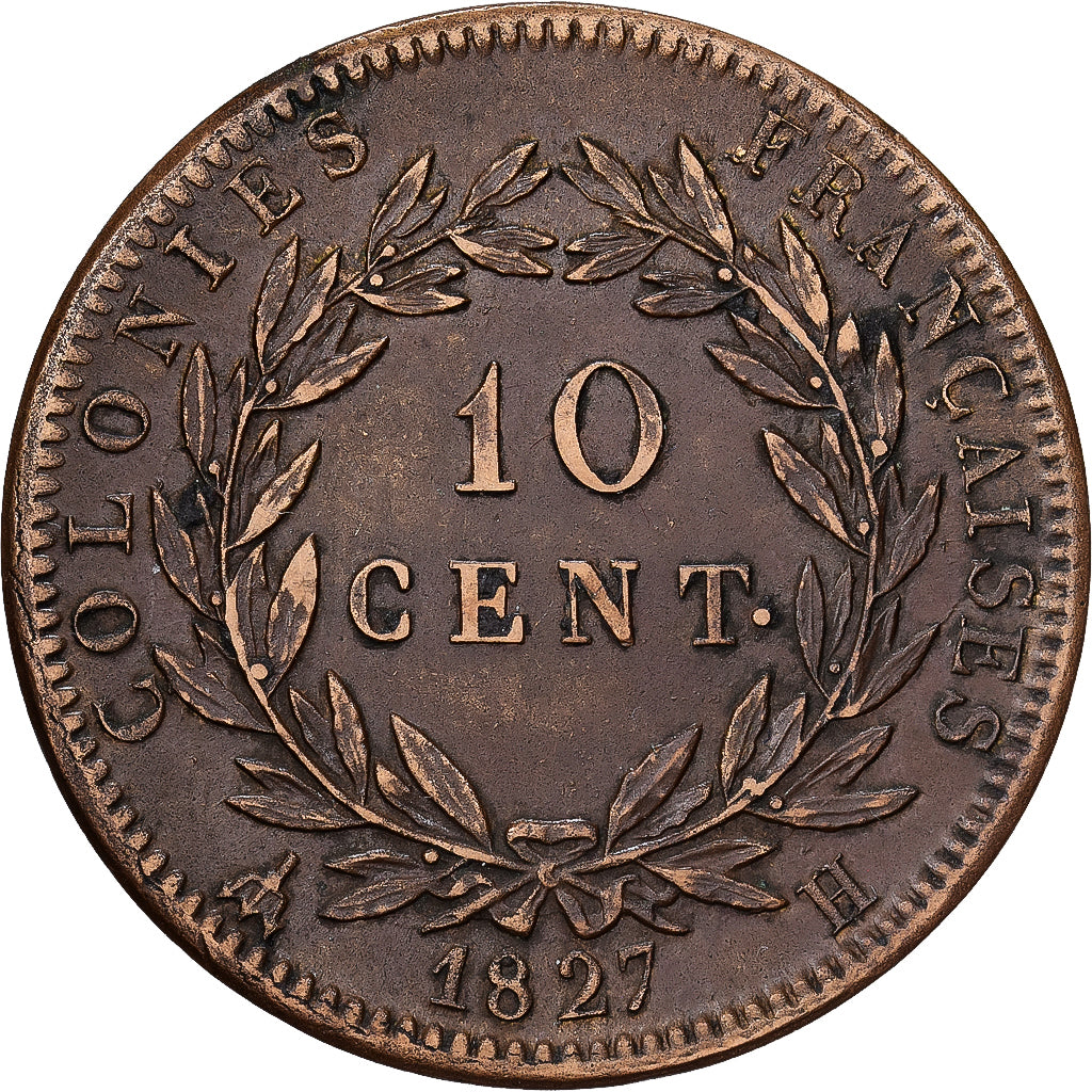 Frankrijk, Charles X, 10 Centimes, 1827, La Rochelle, Bronzen, PR, KM:11