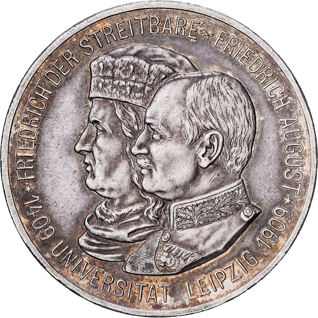NIEMCY - IMPERIUM, Friedrich August III, 5 Mark, University of Leipzig, 1909