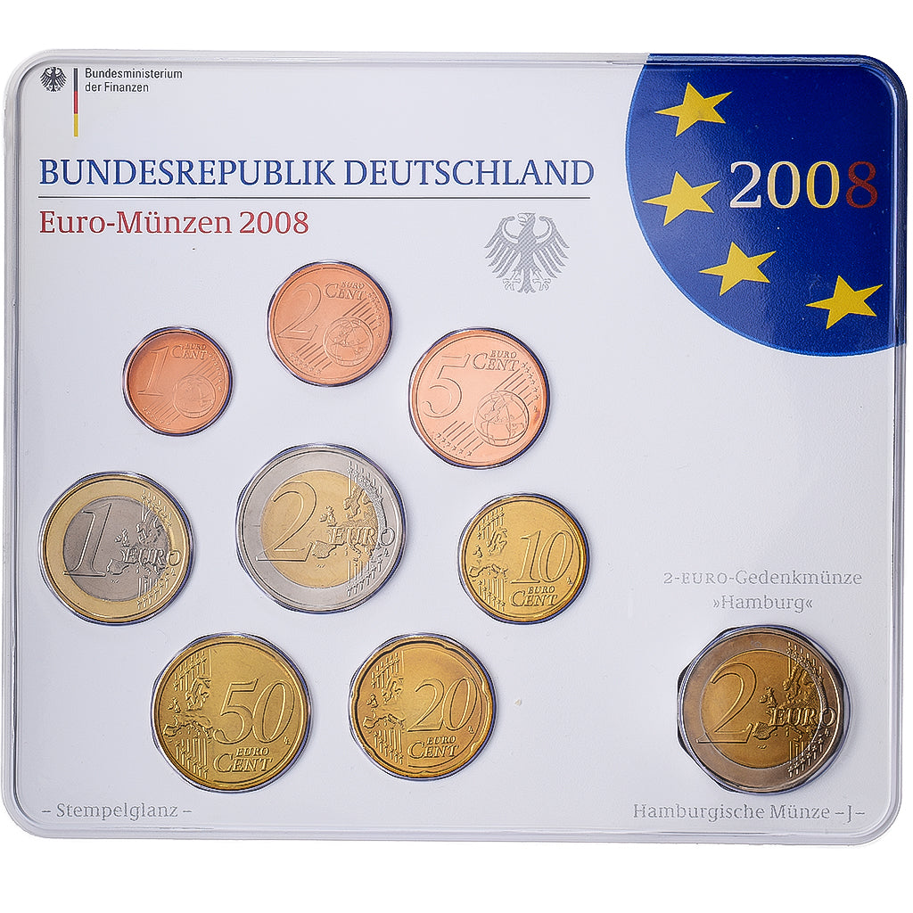 Germany, Set 1 ct. - 2 Euro + 2€, Hamburg, Série BU, 2008, Hamburg, MS(65-70)