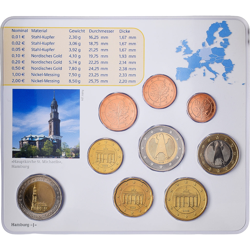 Germany, Set 1 ct. - 2 Euro + 2€, Hamburg, Série BU, 2008, Hamburg, MS(65-70)