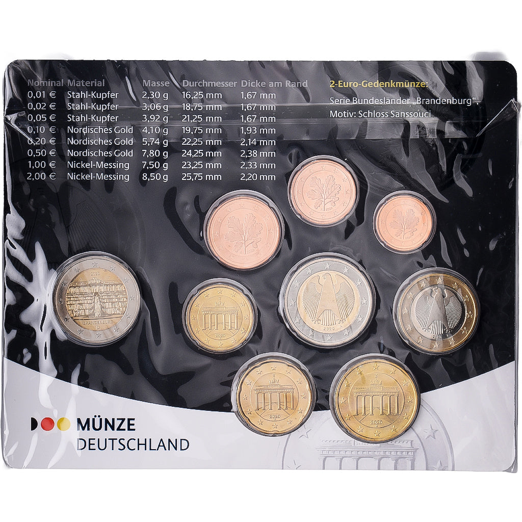 Allemagne, Set 1 ct. - 2 Euro + 2€, Brandenbourg, Série BU, 2020, Berlin, FDC