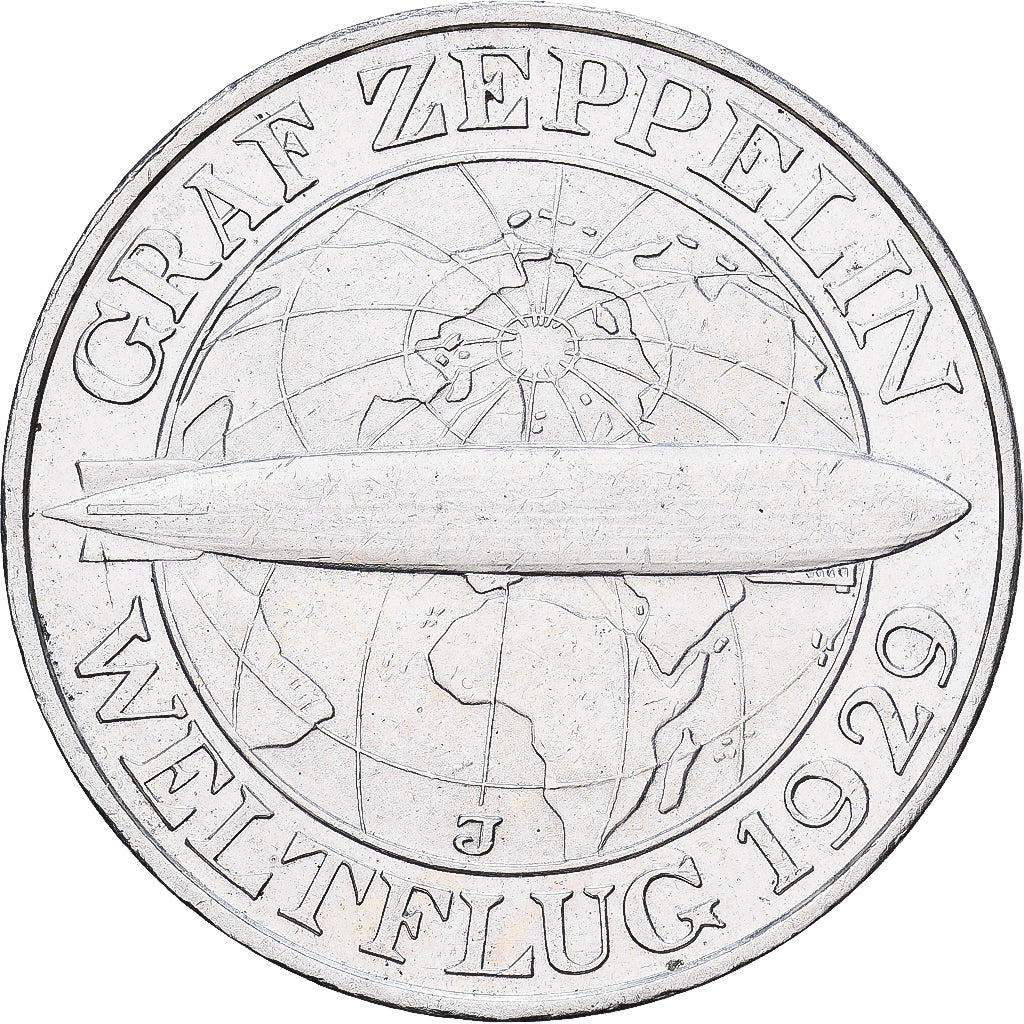 Niemcy, 3 Mark, Graf Zeppelin, 1930, Hamburg, Srebro, MS(63), KM:67