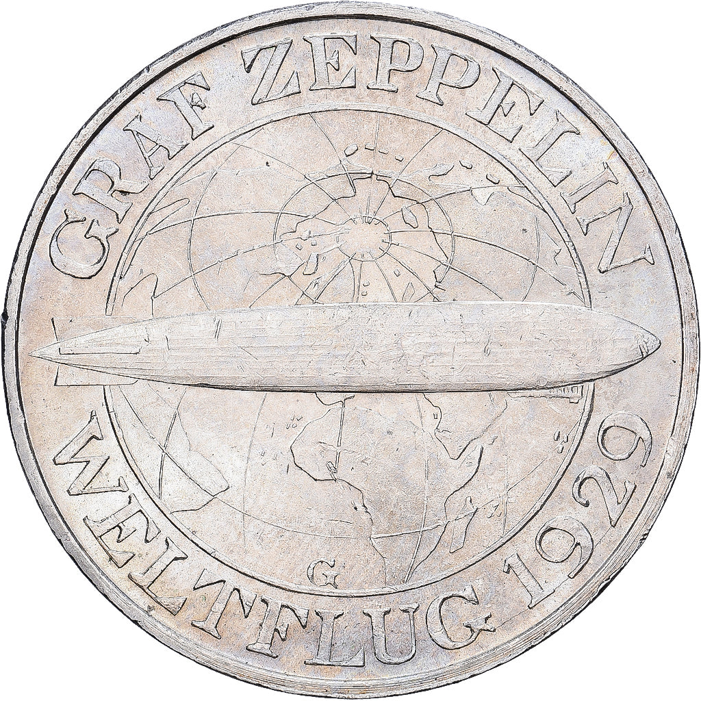 Niemcy, 3 Mark, Graf Zeppelin, 1930, Karlsruhe, Srebro, AU(55-58), KM:67