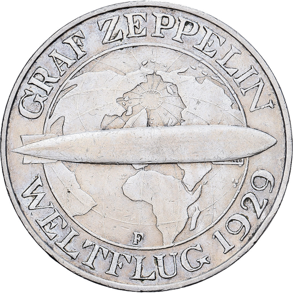 Niemcy, 3 Mark, Graf Zeppelin, 1930, Stuttgart, Srebro, AU(55-58), KM:67