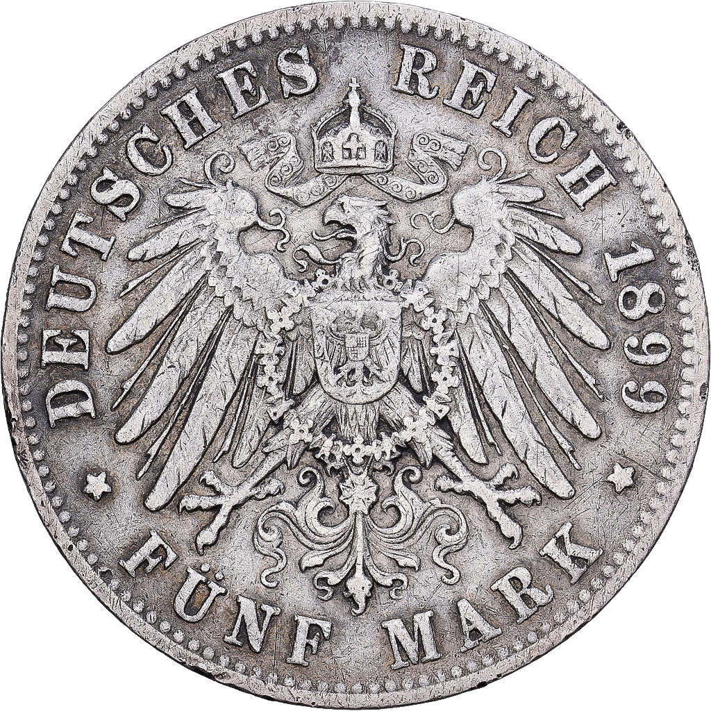 German Empire, Wilhelm II, 5 Mark, 1899, Stuttgart, Silver, EF(40-45), KM:632