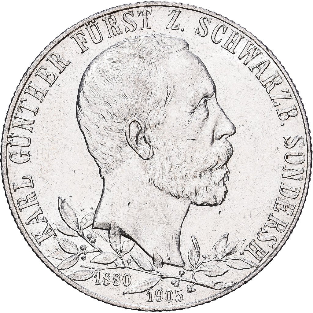 Allemagne, Karl Günther, 2 Mark, 25 ans de règne, 1905, Berlin, Argent, SPL