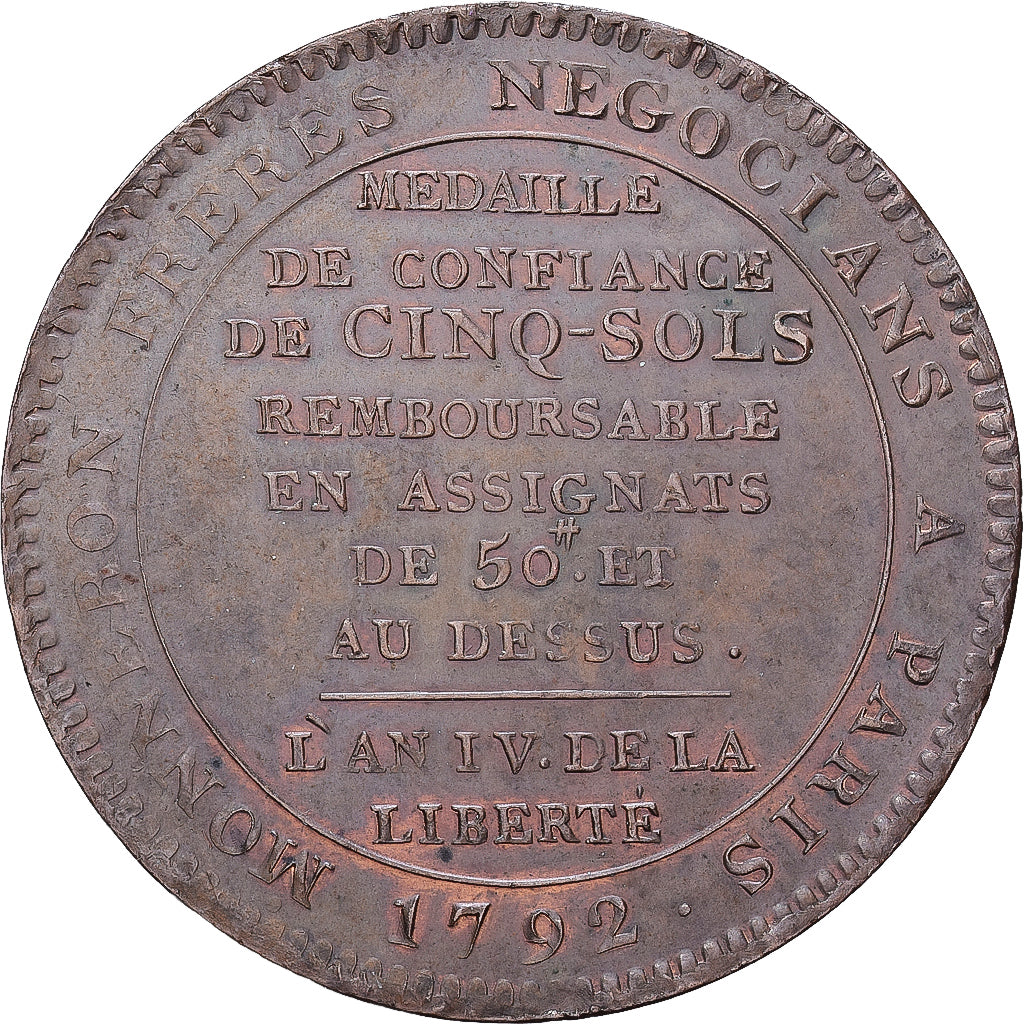 França, 5 sols au serment, Monneron, 1792 / AN 4, Birmingham, Bronze