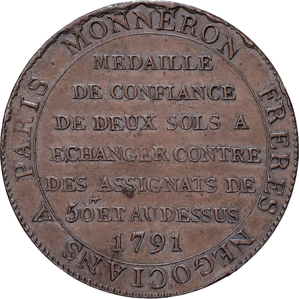Frankrijk, Monneron de 2 Sols, 1791 / AN 3, Birmingham, Bronzen, ZF+, Mazard:153