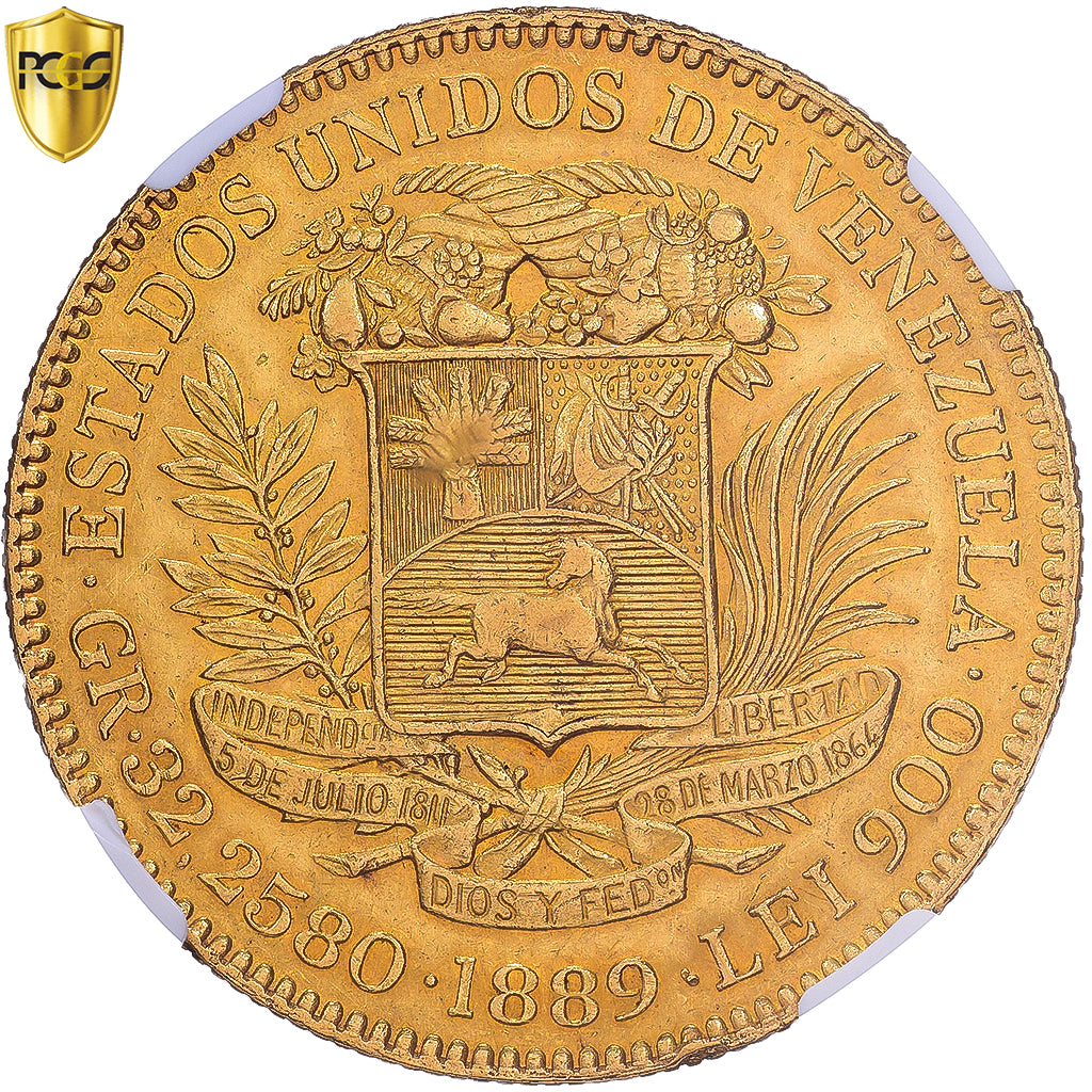 Venezuela, 100 Bolivares, 1889, Caracas, Dourado, NGC, AU55, KM:Y34