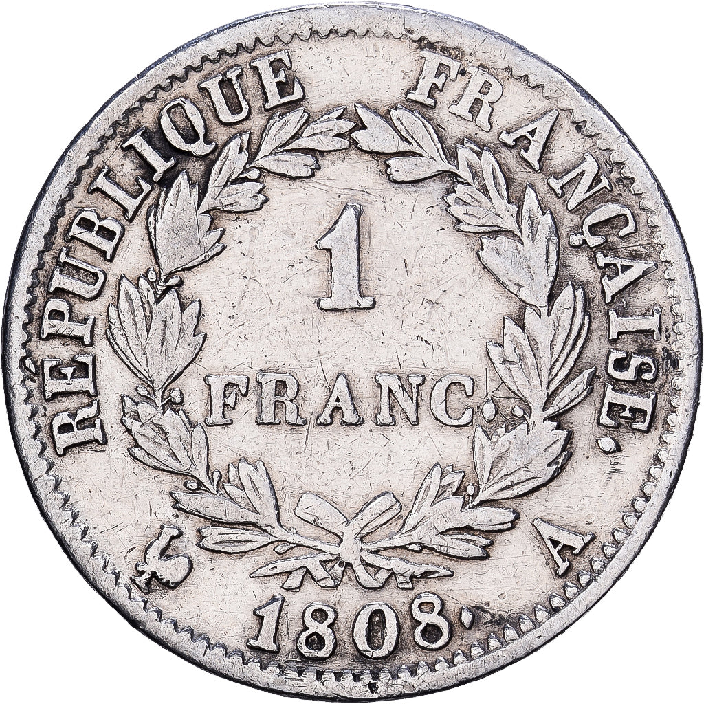 França, Napoleon I, 1 Franc, 1808, Paris, Prata, VF(30-35), Gadoury:446