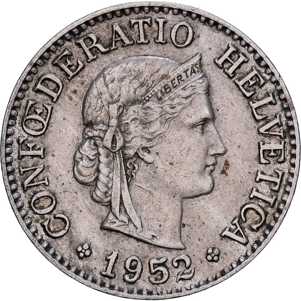 Szwajcaria, 10 Rappen, Libertas, 1952, Bern, Cupronickel, AU(55-58), KM:27