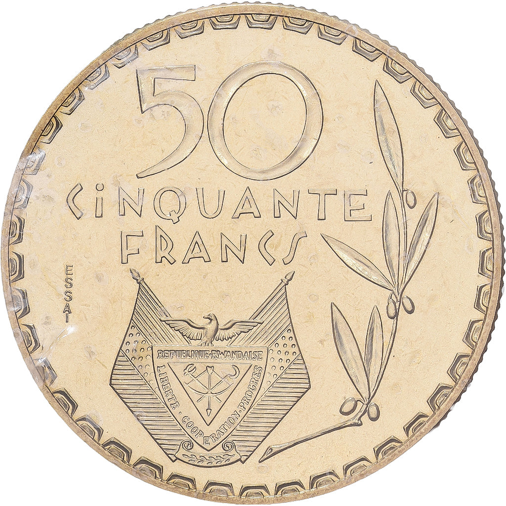 Rwanda, 50 Francs, 1977, MDP, ESSAI, Laiton, FDC, KM:E7
