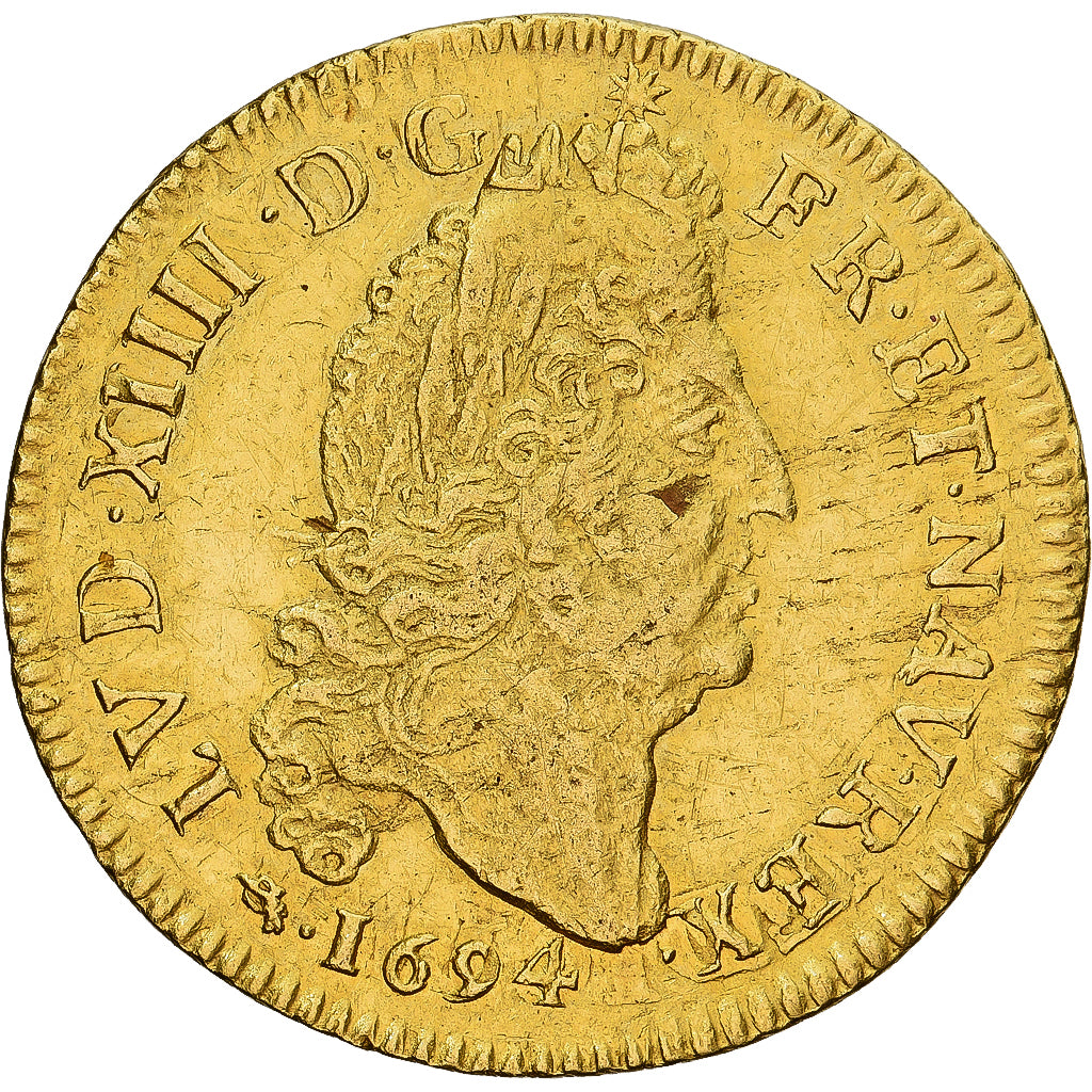 Francia, Louis XIV, Louis d'or aux 4 L, 1694, Lyon, réformé, Oro, BC+