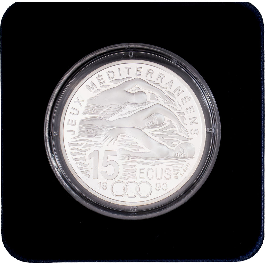 France, 100 Francs-15 Ecus, Mediterranean Games, swimming, 1993, MDP, Proof