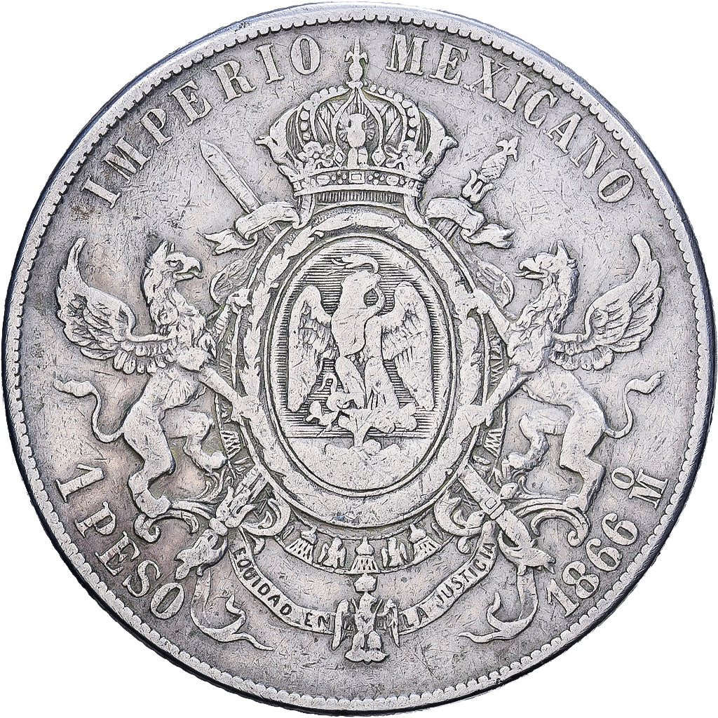 México, Maximilian I, 1 Peso, 1866, Mexico, Plata, BC+