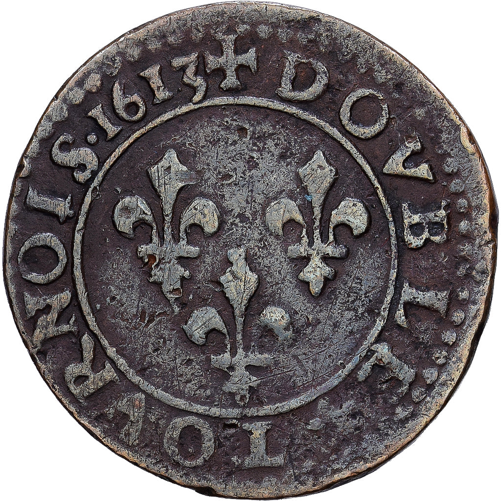 Frankrijk, Louis XIII, Double Tournois, 1613, Bordeaux, Bronzen, ZG+, Gadoury:6