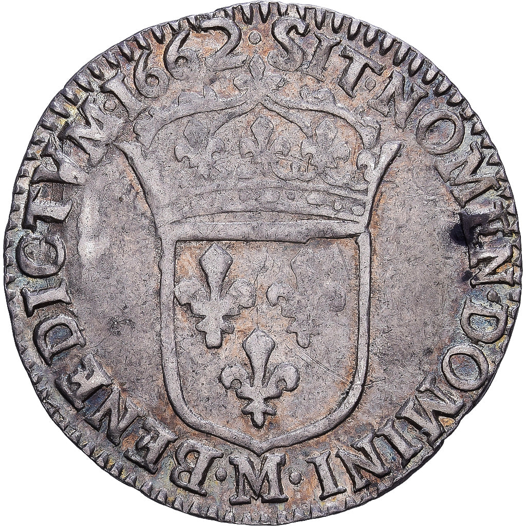 France, Louis XIV, 1/12 Écu, portrait apollinien, 1662, Toulouse, Argent, TTB