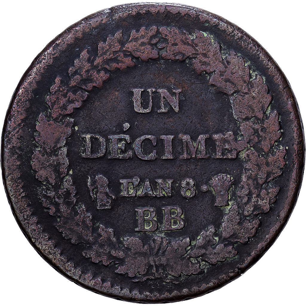 France, Directoire, 1 Décime, AN 8, Strasbourg, Copper, VF(20-25), Gadoury:187a