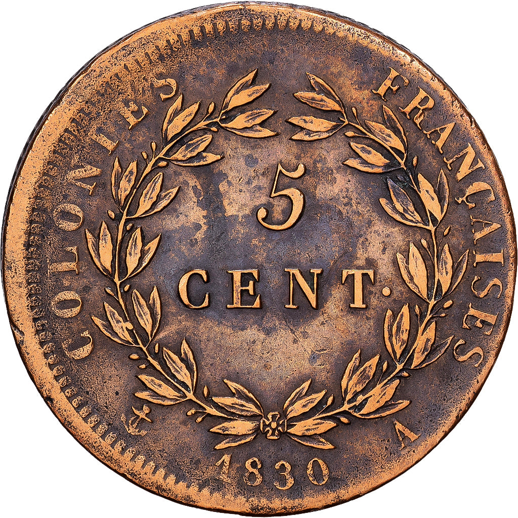 KOLONIE FRANCUSKIE, Charles X, 5 Centimes, 1830, Paris, Brązowy, VF(20-25)