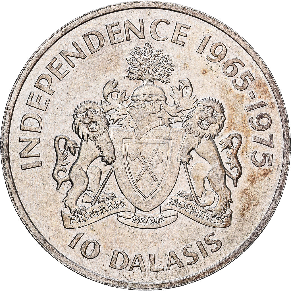 Gâmbia, 10 Dalasis, 1975, 10th anniversary of Independence, Prata, AU(55-58)