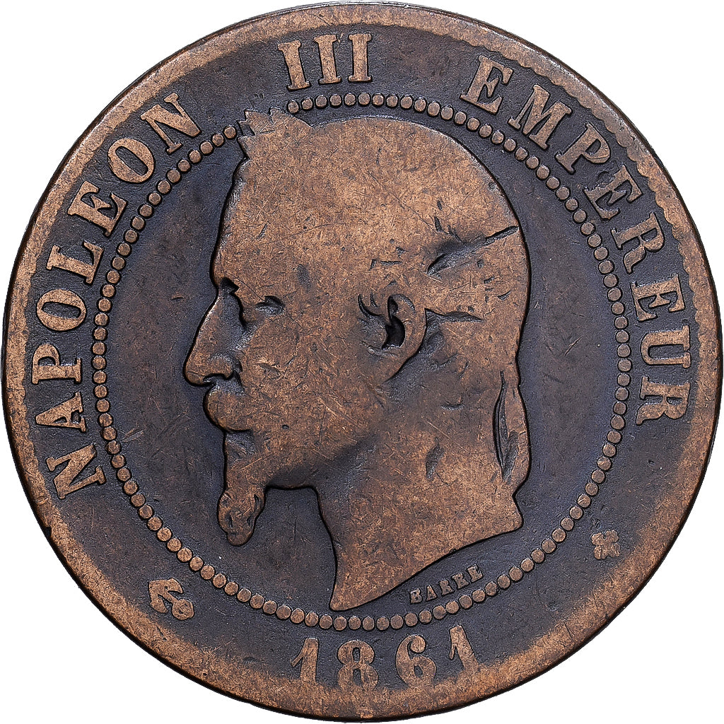 France, Napoleon III, 10 Centimes, 1861, Strasbourg, Bronze, VF(20-25)