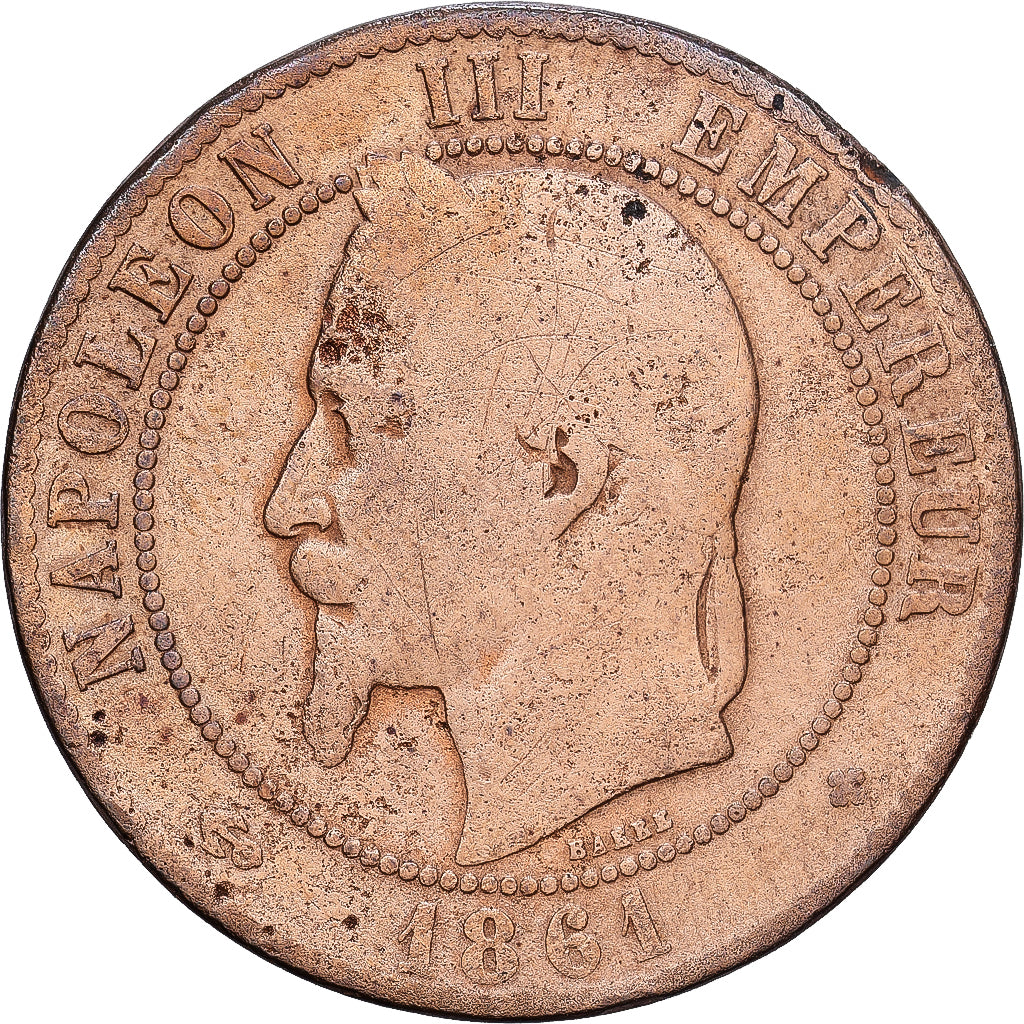 France, Napoleon III, 10 Centimes, 1861, Strasbourg, Bronze, VF(20-25)