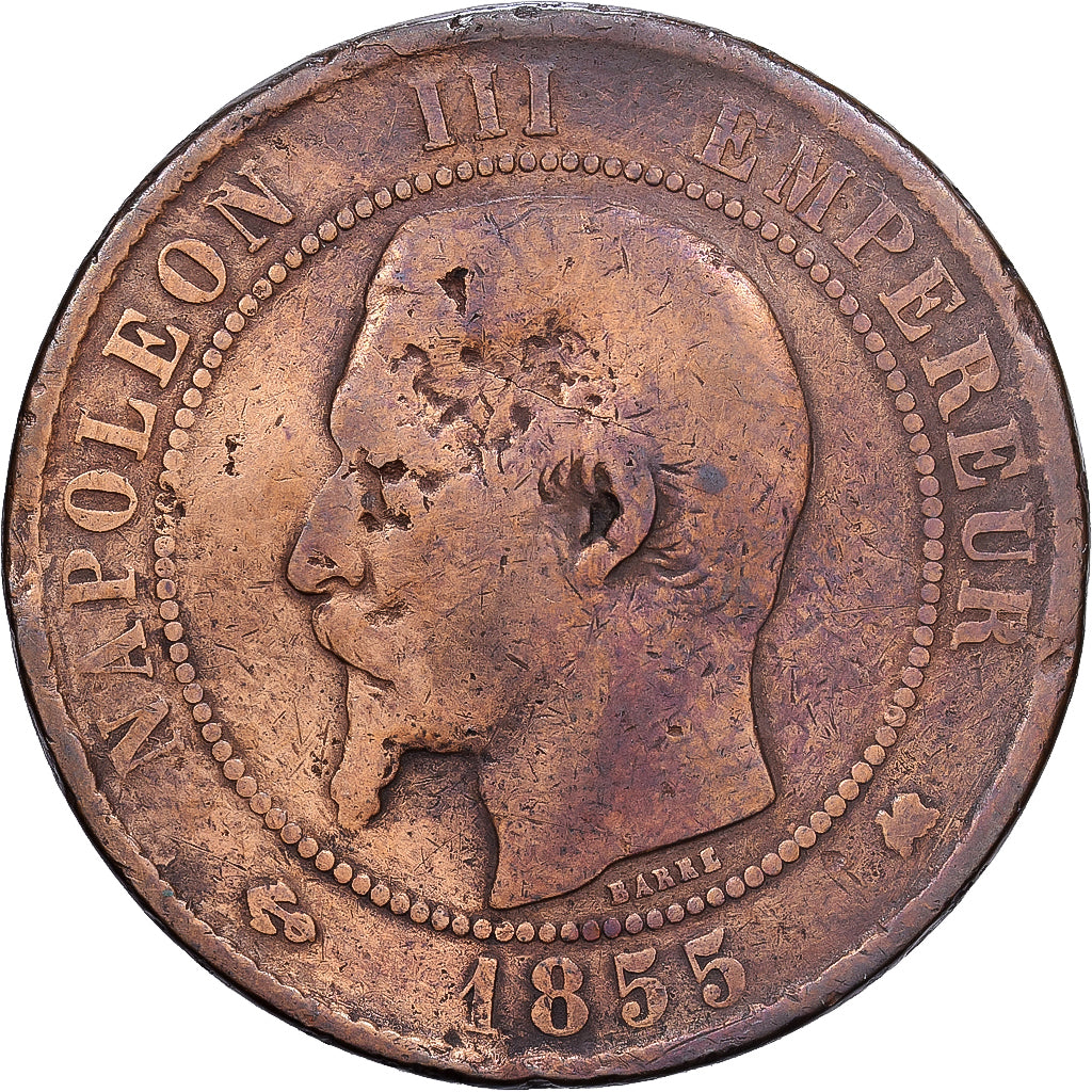 Francja, Napoleon III, 10 Centimes, 1855, Bordeaux, Brązowy, F(12-15)
