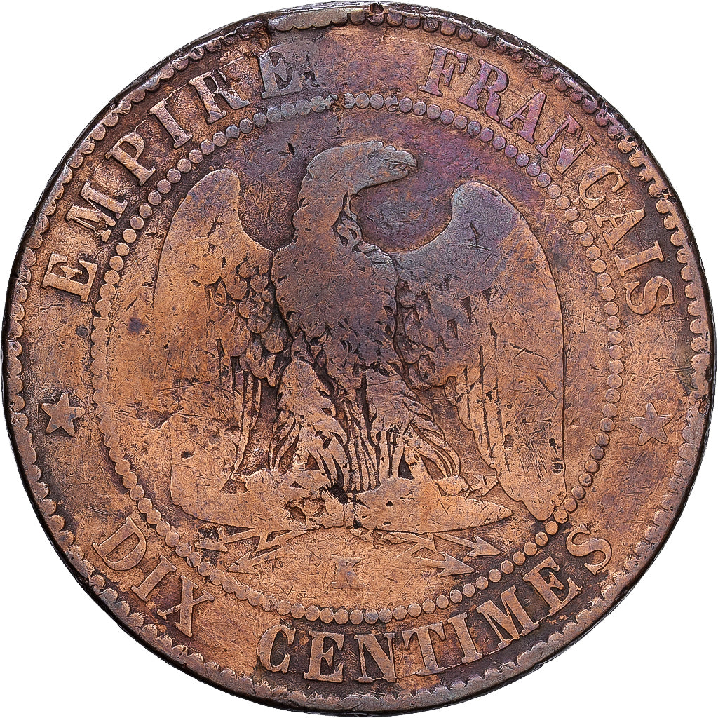 Francja, Napoleon III, 10 Centimes, 1855, Bordeaux, Brązowy, F(12-15)