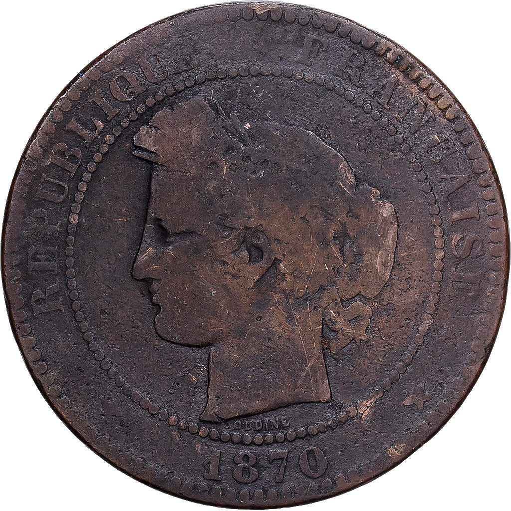 France, 10 Centimes, Cérès, 1870, Paris, Bronze, TB, Gadoury:265