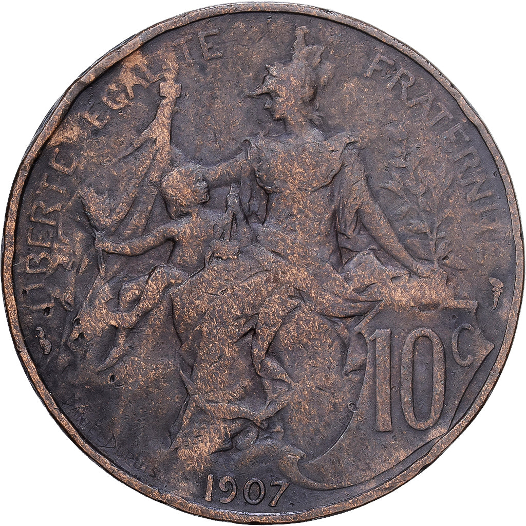 France, 10 Centimes, Daniel-Dupuis, 1907, MDP, Bronze, VF(20-25), Gadoury:277