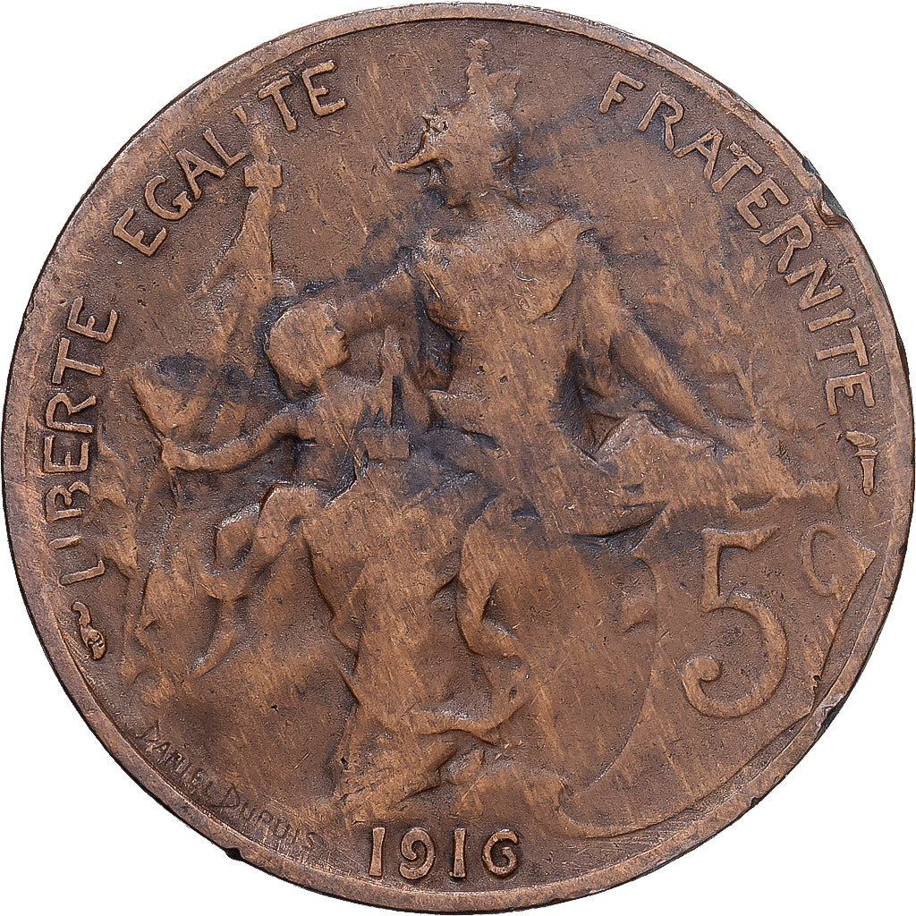 France, 5 Centimes, Daniel-Dupuis, 1916, MDP, Bronze, VF(20-25), Gadoury:165
