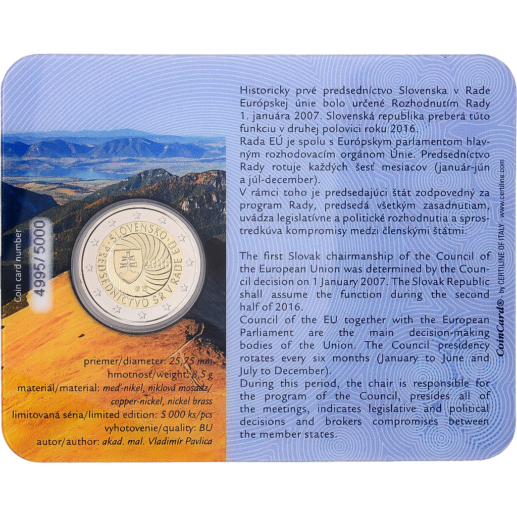 Eslováquia, 2 Euro, présidence de l'UE, BU, 2016, Kremnica, Bimetálico